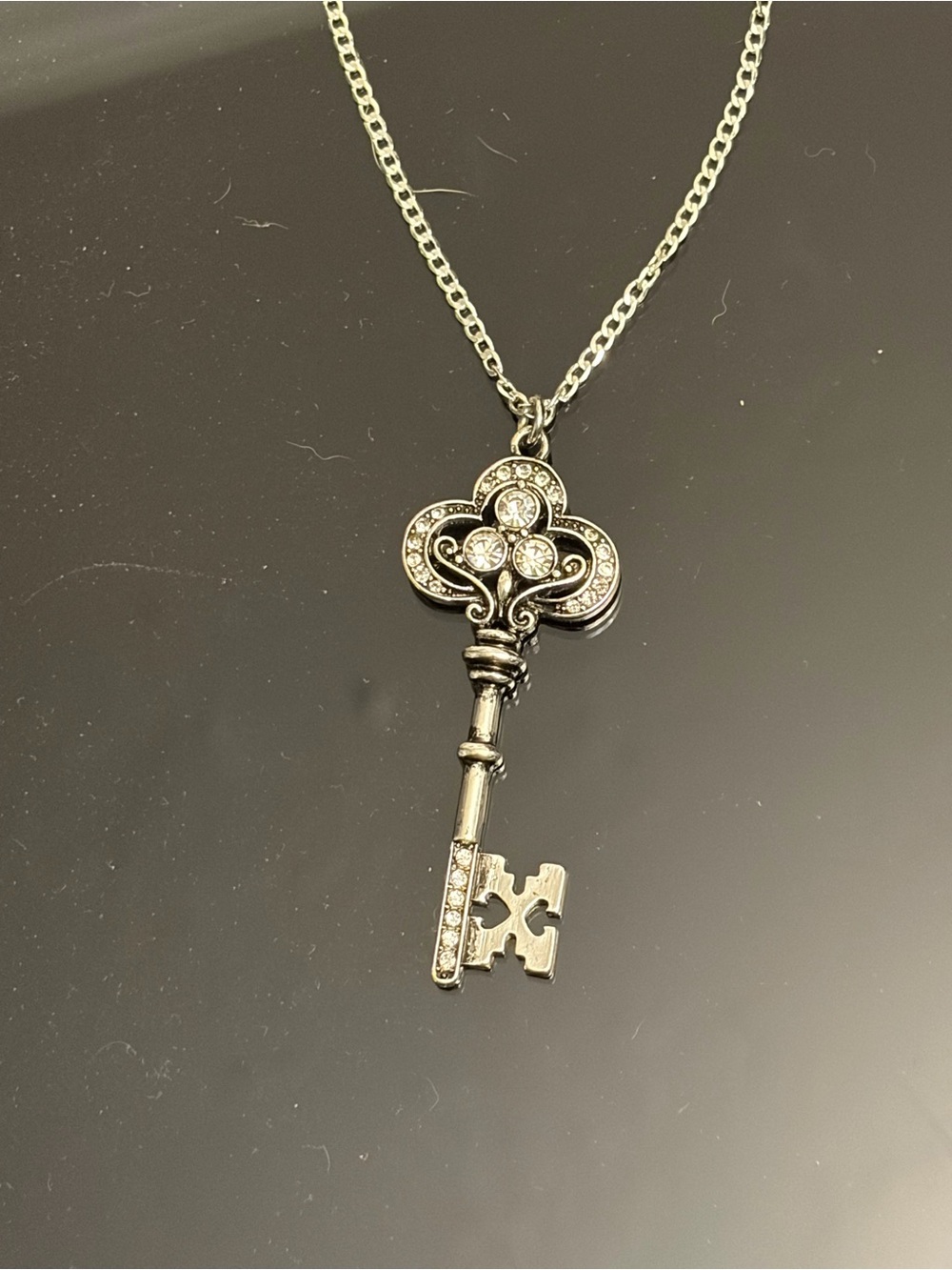 Silver Tone Crystal Key Pendant Necklace - Sparkling Key Charm - Picture 3 of 5